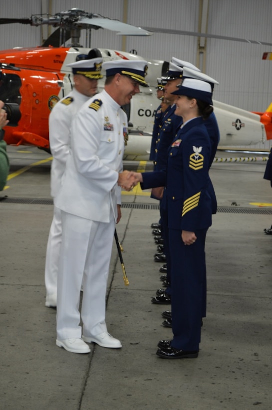 Commanders conduct a uniform inspection of the crew during Coast Guard Air
Station Sitka's change of command ceremony in Sitka, Alaska. (U.S. Coast Guard Photo by Petty Officer 3rd Class Lauren Steenson)
