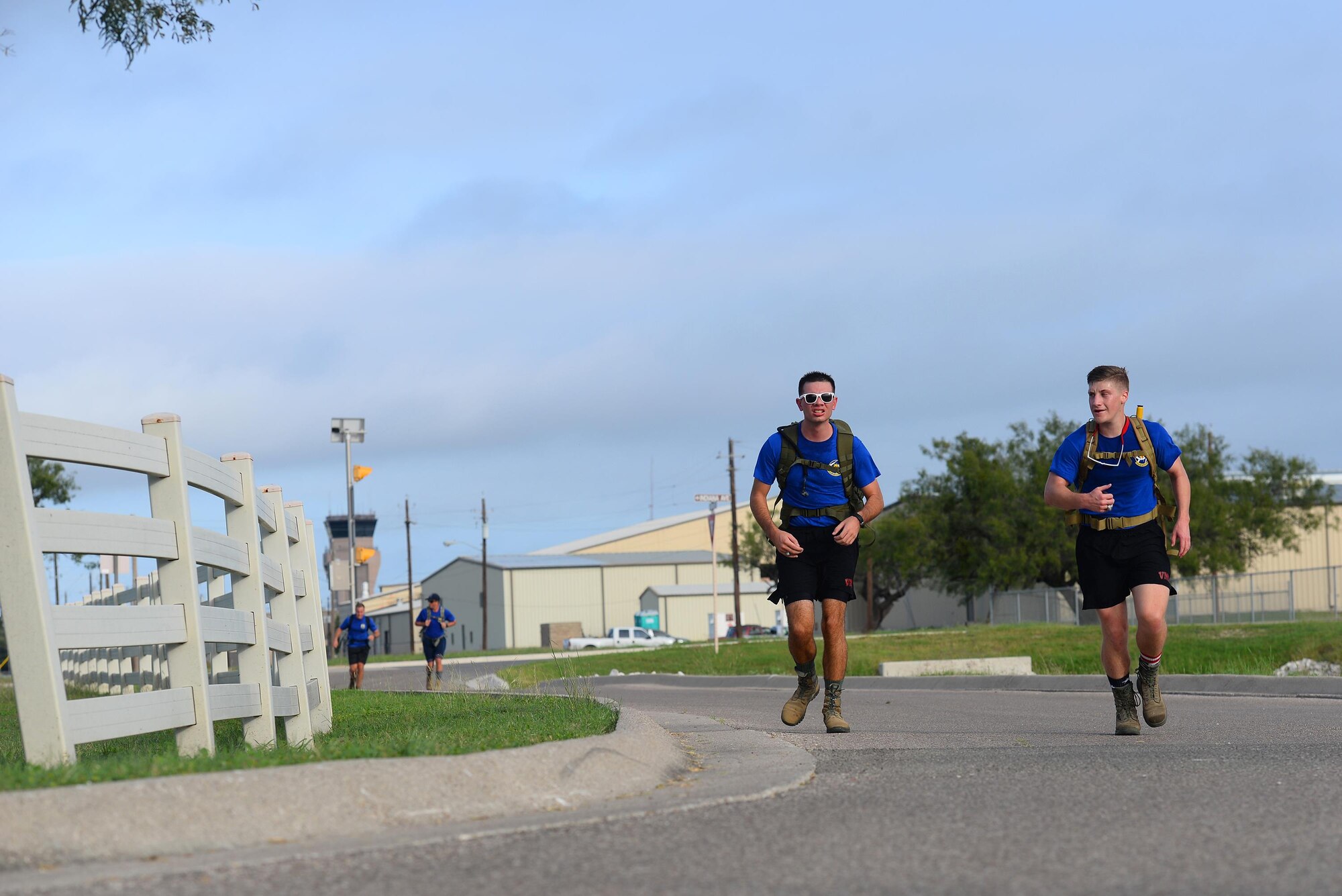 Second Lt. Isaac Lewis and 2nd Lt. Zachary Turek, 47th Student Squadron transition flight members, carry heavy packs to the next station in Laughlin’s Wingman Challenge on Laughlin Air Force Base, Texas, Oct. 15, 2016. The Wingman Challenge exercises competitors’ minds, bodies and wingmanship. (U.S. Air Force photo/Airman 1st Class Benjamin N. Valmoja)