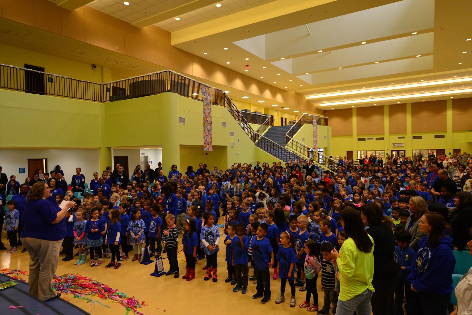 Students at Osan American Elementary School sing their school anthem after a ribbon cutting ceremony at Osan Air Base, Republic of Korea, Oct. 25, 2016. The ceremony marked the opening of the new OAES facilities after three years of construction. (U.S. Air Force photo by Senior Airman Victor J. Caputo)