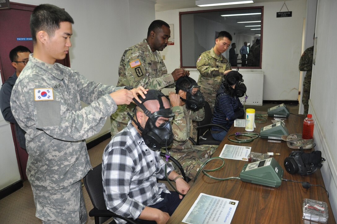 Soldiers, civilians and Korean national employees of the Far East district undergo nuclear, biological and chemical training and proper wear of their gas mask at the district compound on Oct. 26 (Photos by Stephen Satkowski). 