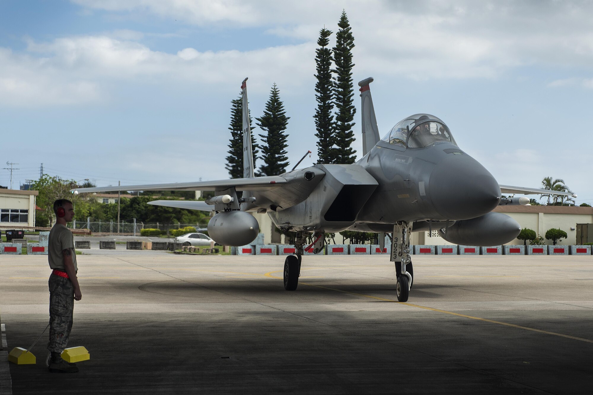 A 44th Fighter Squadron F-15 Eagle parks on the flightline Oct. 26, 2016, at Kadena Air Base, Japan. Aircraft from the 44th FS returned to Kadena after more than three months away for training. (U.S. Air Force photo by Airman 1st Class Corey M. Pettis/Released)