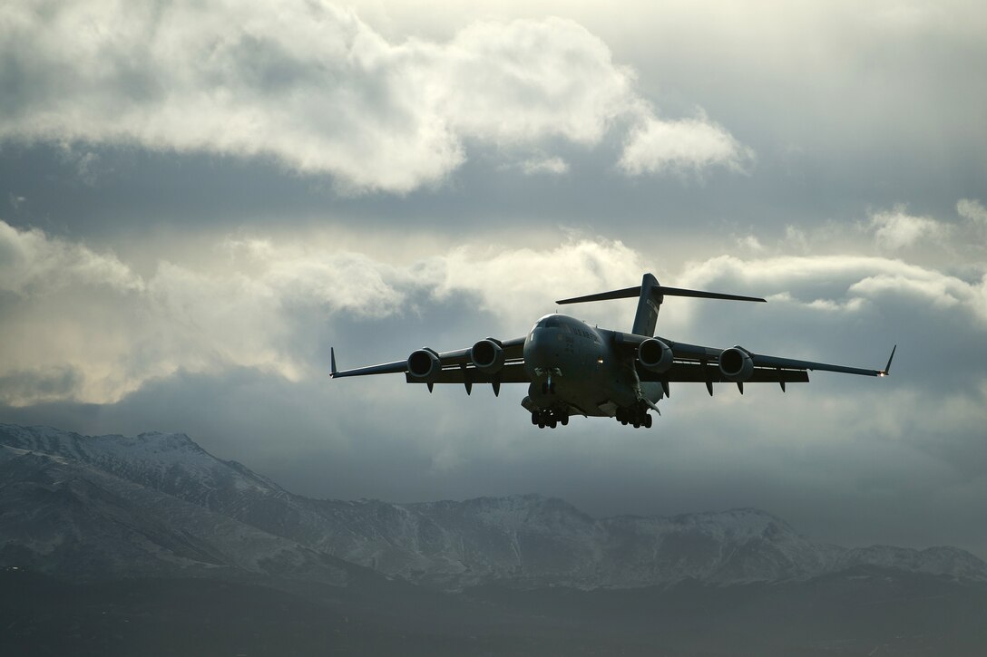 An Air Force C-17 Globemaster III aircraft prepares to land during exercise Red Flag-Alaska 17-1 at Joint Base Elmendorf-Richardson, Alaska, Oct. 17, 2016. Air Force photo by Master Sgt. Joseph Swafford