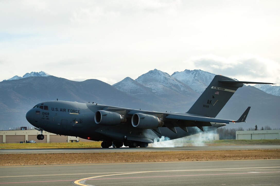 An Air Force C-17 Globemaster III aircraft lands during exercise Red Flag-Alaska 17-1 at Joint Base Elmendorf-Richardson, Alaska, Oct. 17, 2016. Air Force photo by Master Sgt. Joseph Swafford