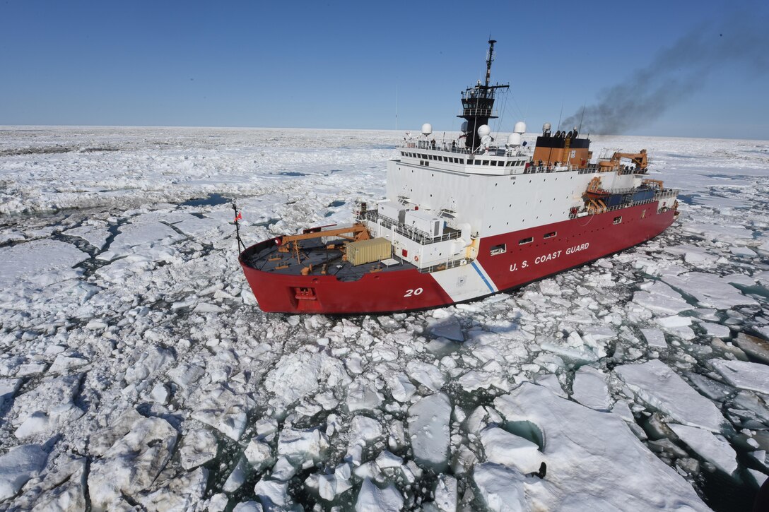 The Coast Guard Cutter Healy patrols the Arctic Ocean during a Coast Guard Research and Development Center joint civil and federal search and rescue exercise near Oliktok Point, Alaska. The Healy is a 420-foot polar icebreaker homeported in Seattle. (U.S. Coast Guard photo by Petty Officer 2nd Class Grant DeVuyst)