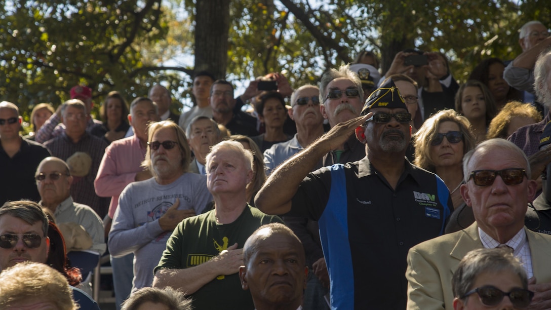 A retired U.S. service member salutes as the national anthem is played during the 33rd Beirut Memorial Observance Ceremony, Lejeune Memorial Gardens, Jacksonville, N.C., Oct. 23, 2016. A memorial observance is held October 23rd of each year to remember those lives lost during the terrorist attack at U.S. Marine Barracks, Beirut, Lebanon, in 1983.