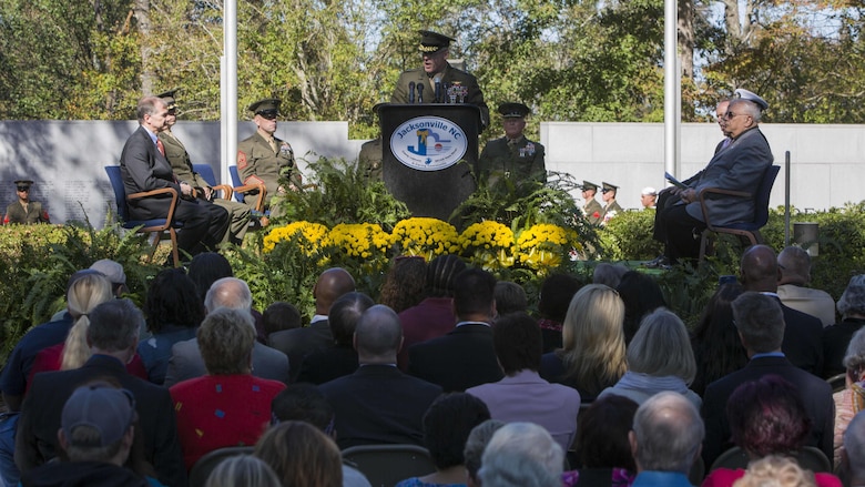 U.S. Marine Corps Brig. Gen. Thomas Weidley, commanding general, Marine Corps Installations East, Marine Corps Base Camp Lejeune, gives his remarks during the 33rd Beirut Memorial Observance Ceremony, Lejeune Memorial Gardens, Jacksonville, N.C., Oct. 23, 2016.  A memorial observance is held on October 23rd of each year to remember those lives lost during the terrorist attack at U.S. Marine Barracks, Beirut, Lebanon, in 1983. 