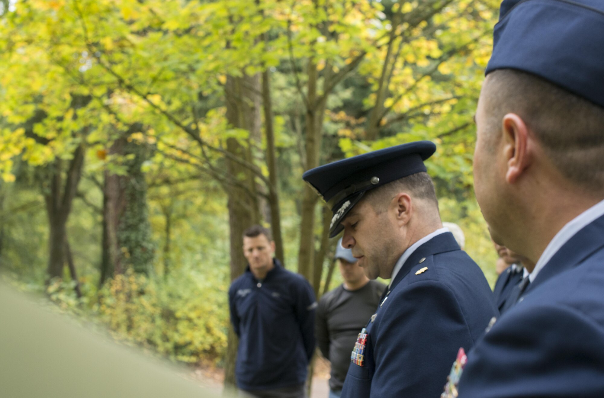 Maj. David Horton, 86th Airlift Wing chaplain, speaks at a dedication ceremony for Gary Currie, an infant who lost his life in 1952, at the American Kindergraves in Kaiserslautern, Germany, Oct. 15, 2016. Joy Caffey, Gary’s mother, does not know where her son is laid to rest. Her family reached out to the Ramstein Area Chiefs’ Group and they offered to dedicate a gravestone to Gary within the Kindergraves. (U.S. Air Force photo by Senior Airman Tryphena Mayhugh)