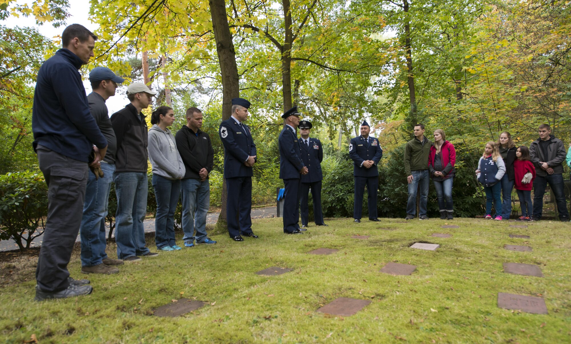 An engraved stone stands in the American Kindergraves in Kaiserslautern, Germany, Oct. 15, 2016. The stone reads, “Although gone from us they are not forgotten.” The Ramstein Area Chiefs’ Group held a dedication ceremony for Gary Currie, an infant who lost his life in 1952. Joy Caffey, Gary’s mother, does not know where her son is laid to rest. Her family reached out to the Ramstein Area Chief’s Group and they offered to dedicate a gravestone to Gary within the Kindergraves. (U.S. Air Force photo by Senior Airman Tryphena Mayhugh)