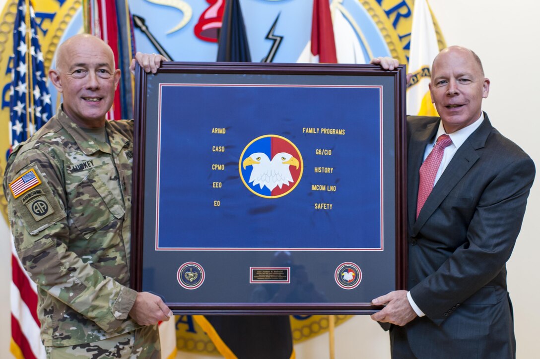 LTG Charles D. Luckey, left, Commanding General, U.S. Army Reserve Command, presents a USARC banner to James Balocki, U.S. Army Reserve chief executive officer, at the USARC headquarters, during Balocki's farewell ceremony, Oct. 26, 2016, at Fort Bragg, N.C. Balocki says goodbye to the Army after a combined 35 years of uniformed and civilian service to take a Senior Executive Service position with the Department of the Navy. (U.S. Army photo by Timothy L. Hale)(Released)