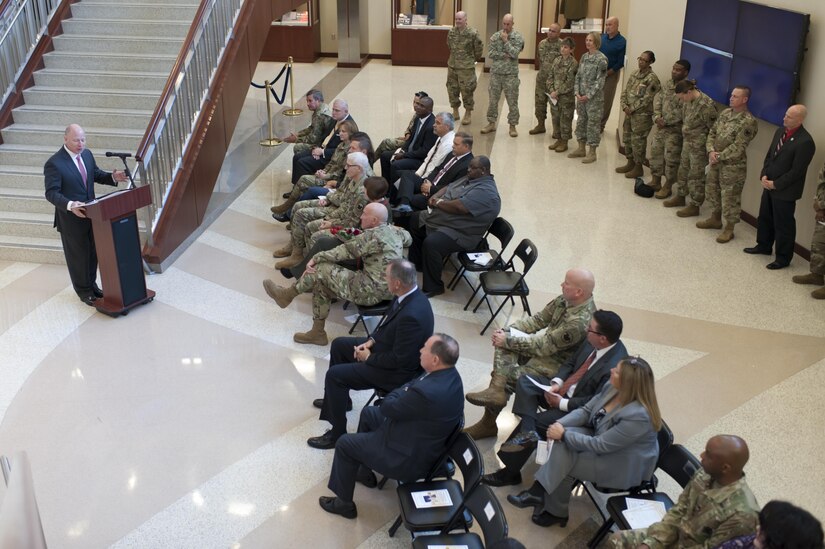 James Balocki, U.S. Army Reserve chief executive officer, gives his remarks during his farewell ceremony at the USARC headquarters, Oct. 26, 2016, at Fort Bragg, N.C. Balocki says goodbye to the Army after a combined 35 years of uniformed and civilian service to take a Senior Executive Service position with the Department of the Navy. (U.S. Army photo by Timothy L. Hale)(Released)