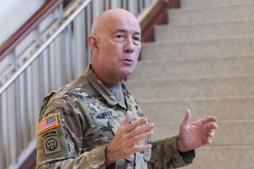 LTG Charles D. Luckey, Commanding General, U.S. Army Reserve Command, gives his remarks during a farewell ceremony for James Balocki, U.S. Army Reserve chief executive officer, at the USARC headquarters, Oct. 26, 2016, at Fort Bragg, N.C. Balocki says goodbye to the Army after a combined 35 years of uniformed and civilian service to take a Senior Executive Service position with the Department of the Navy. (U.S. Army photo by Timothy L. Hale)(Released)