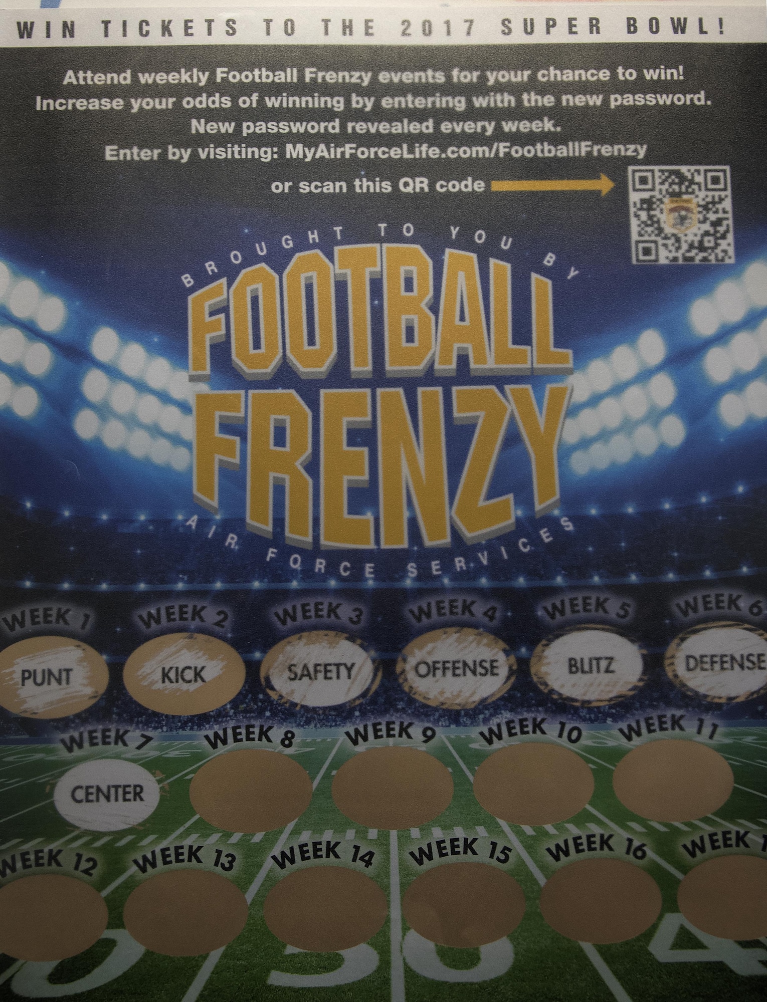 A Football Frenzy banner hangs inside the F.E. Warren Air Force Base, Wyo., bowling alley Oct. 26, 2016. The Warren Lanes bowling center hosts a Football Frenzy event every Sunday, where club members can get an exclusive code to enter for a chance to win prizes. (U.S. Air Force photo by Senior Airman Brandon Valle)