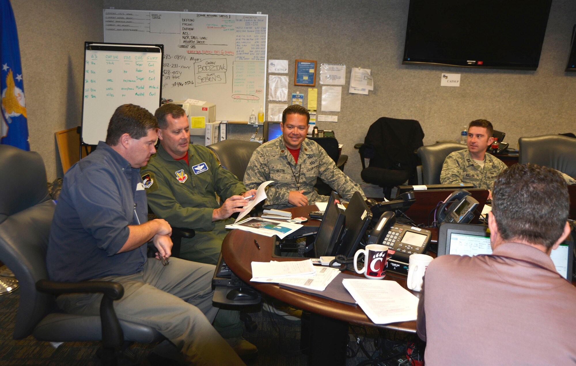 Brig. Gen. Dan Orcutt, Vice Commander, 1st Air Force (Air Forces Northern) gives strategic guidance to the crisis action team (CAT) in support of Hurricane Matthew and Title 10 resources. Hurricane Matthew began its path up the eastern coast from southern Florida Thursday evening. (USAF Photo by Maj Katrina Andrews)