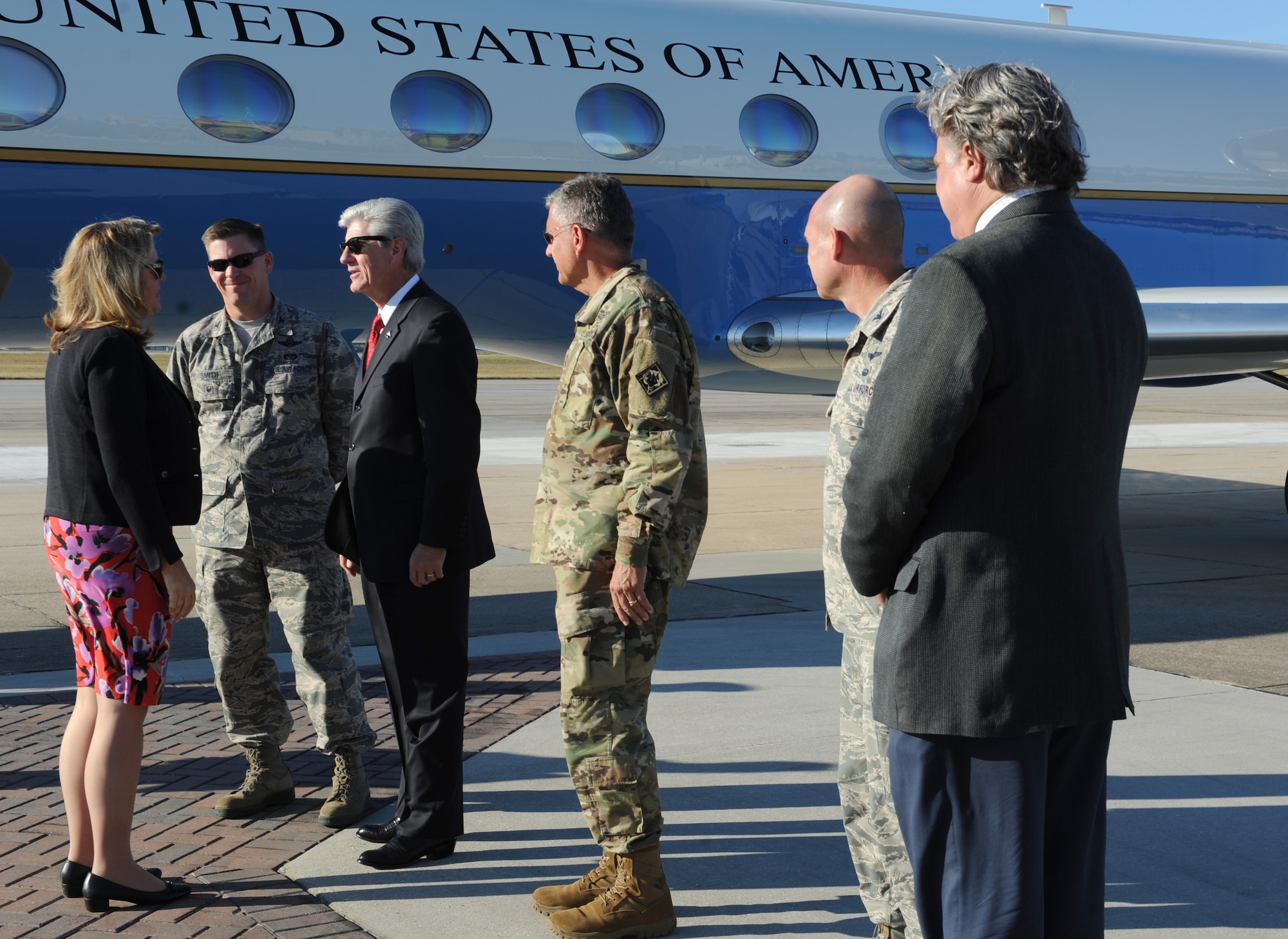 Air Force Secretary Deborah Lee James is greeted by Phil Bryant, Mississippi Governor, and 81st Training Wing leadership at base operations Oct. 25, 2016, on Keesler Air Force Base, Miss. James was the guest speaker at the 38th Annual Salute to the Military at the Mississippi Coast Convention Center. The event recognized the men and women who serve in the military along the Gulf Coast. (U.S. Air Force photo by Kemberly Groue/Released)