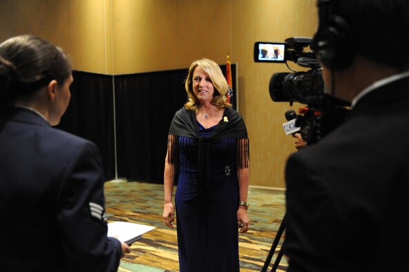Air Force Secretary Deborah Lee James is interviewed by 81st Training Wing Public Affairs members and local media during the 38th Annual Salute to the Military at the Mississippi Coast Convention Center, Oct. 25, 2016, Biloxi, Miss. James was the guest speaker at the event, which recognized the men and women who serve in the military along the Gulf Coast. (U.S. Air Force photo by Kemberly Groue/Released)