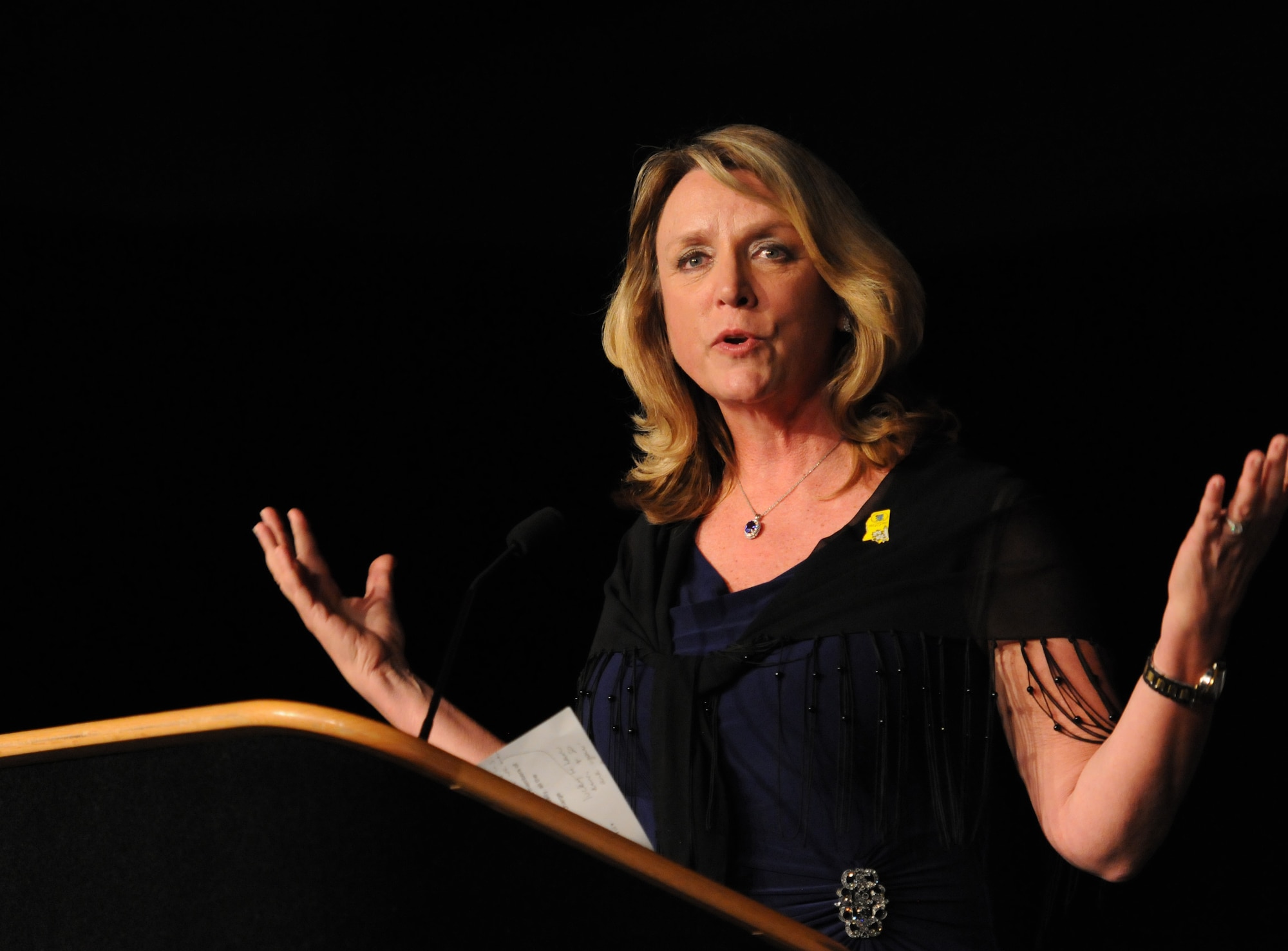 Air Force Secretary Deborah Lee James delivers comments during the 38th Annual Salute to the Military at the Mississippi Coast Convention Center, Oct. 25, 2016, Biloxi, Miss. The Salute to the Military event recognized the men and women who serve in the military along the Gulf Coast. (U.S. Air Force photo by Kemberly Groue/Released)