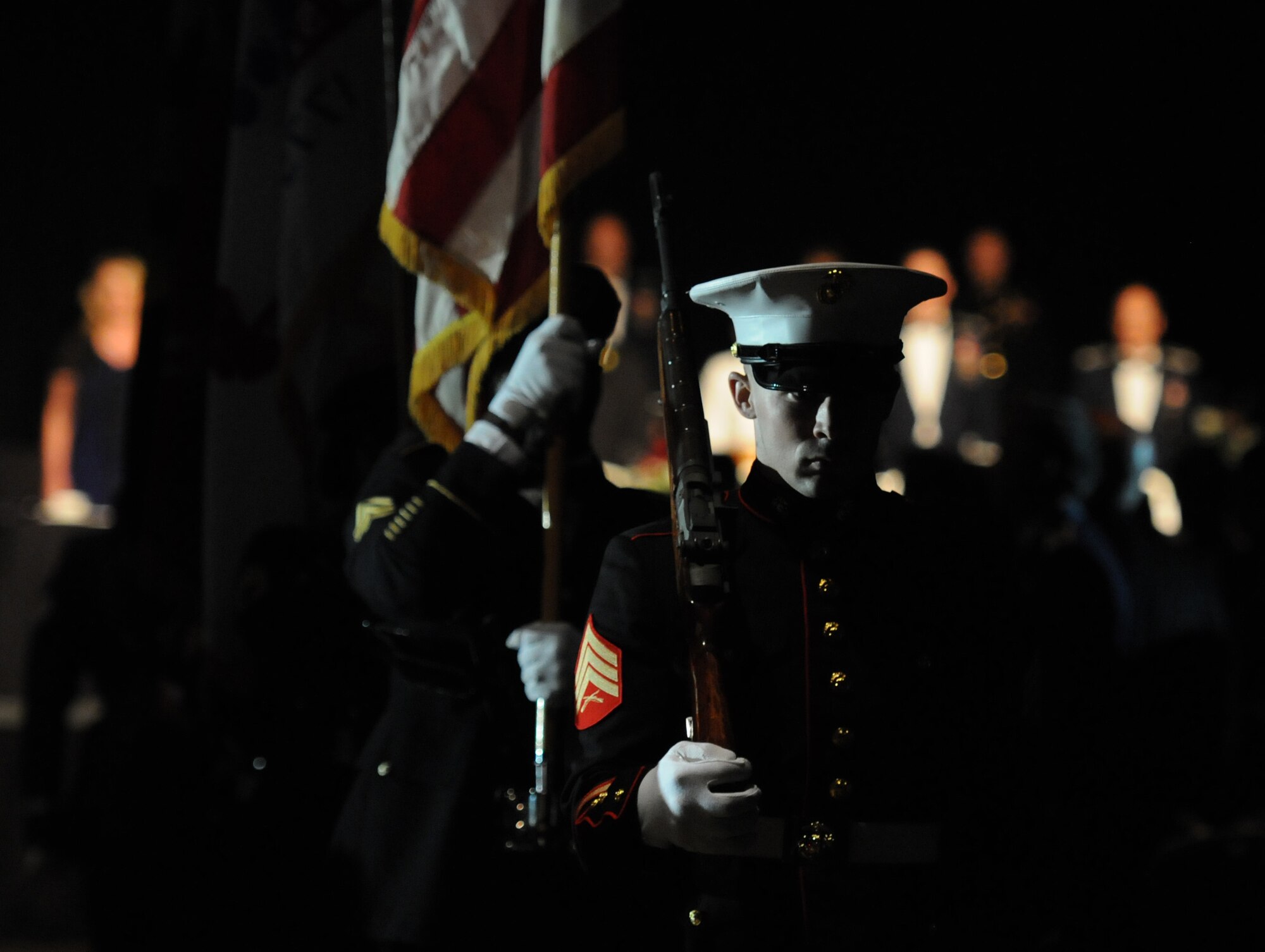 A color guardsman representing each branch of the military retires the Colors during the 38th Annual Salute to the Military at the Mississippi Coast Convention Center, Oct. 25, 2016, Biloxi, Miss. The Salute to the Military event recognized the men and women who serve in the military along the Gulf Coast. (U.S. Air Force photo by Kemberly Groue/Released)