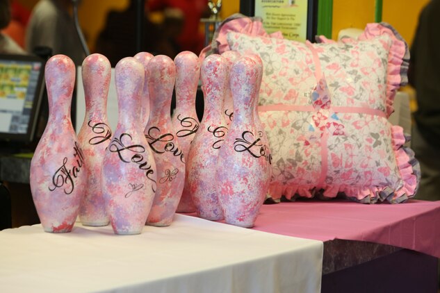 Prizes are on display for the Pink Bowling Night at the front of Marine Corps Recruit Depot Parris Island Bowling Center Oct. 25. Guests who hit a special pink pin get a chance to win a special made pink bowling pin. The event was one of two for breast cancer awareness month.