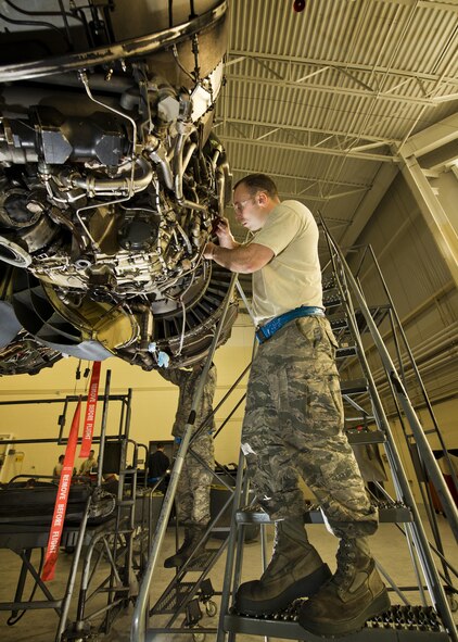 Senior Airman Theodore Amundsen, 5th Maintenance Squadron phase jet mechanic, adjusts a fuel controller at Minot Air Force Base, N.D., Oct. 21, 2016. Airmen from the 5 MXS phase maintenance are responsible for performing in-depth inspections on aircraft parts that can’t be fixed on the flightline. (U.S. Air Force photo/Airman 1st Class J.T. Armstrong) 
