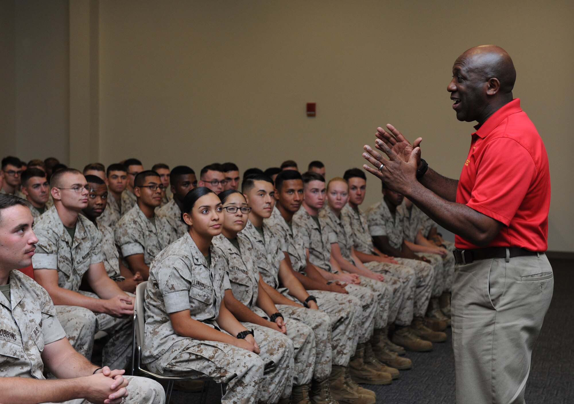Sergeant Major of the Marine Corps Ronald Green speaks to members of the Keesler Marine Detachment at the Roberts Consolidated Aircraft Maintenance Facility Oct. 26, 2016, on Keesler Air Force Base, Miss. Green spoke on the current and future stance of the Marine Corps and the impact the young Marines have on its future. (U.S. Air Force photo by Kemberly Groue/Released)