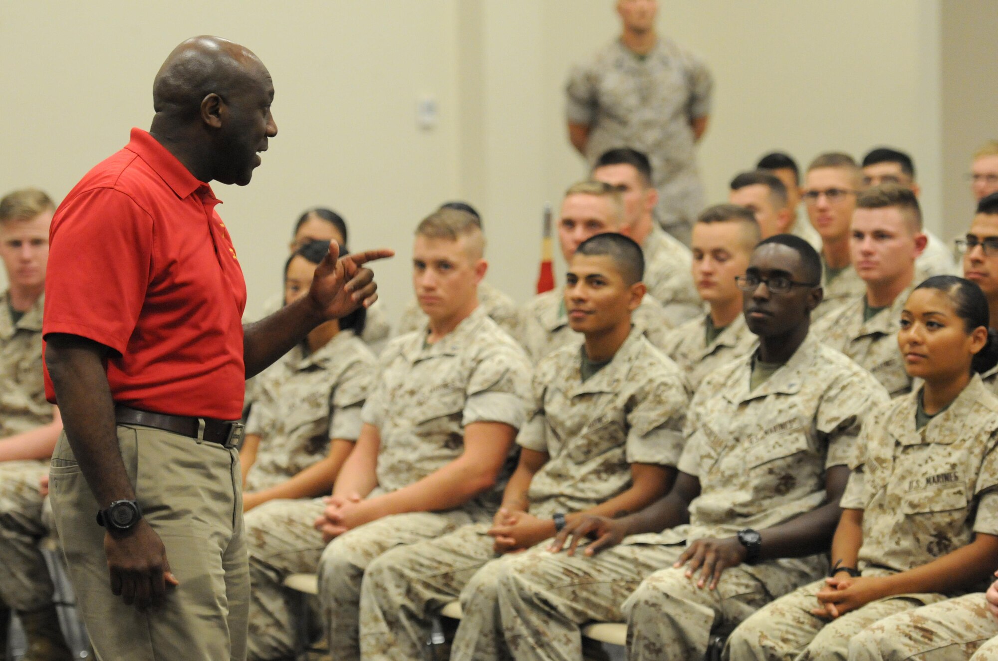 Sergeant Major of the Marine Corps Ronald Green speaks to members of the Keesler Marine Detachment at the Roberts Consolidated Aircraft Maintenance Facility Oct. 26, 2016, on Keesler Air Force Base, Miss. Green spoke on the current and future stance of the Marine Corps and the impact the young Marines have on its future. (U.S. Air Force photo by Kemberly Groue/Released)