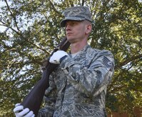 Tech. Sgt. Wesley Catoe, base honor guard member, learns how to perform the command “right shoulder, arms” here, Oct. 26, 2016. Catoe will be the new Joint Base Charleston Honor Guard NCO in charge by late November. 