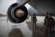 Capt. Chad Halverstadt, 93rd Air Refueling Squadron pilot, inspects a  KC-135R Stratotanker Oct. 27, 2016 at Fairchild Air Force Base, Wash. Halverstadt and 92nd Maintenance Squadron crew chiefs prepped the plane for daily mission requirements. (U.S. Air Force photo/Senior
 Airman Nick J. Daniello)