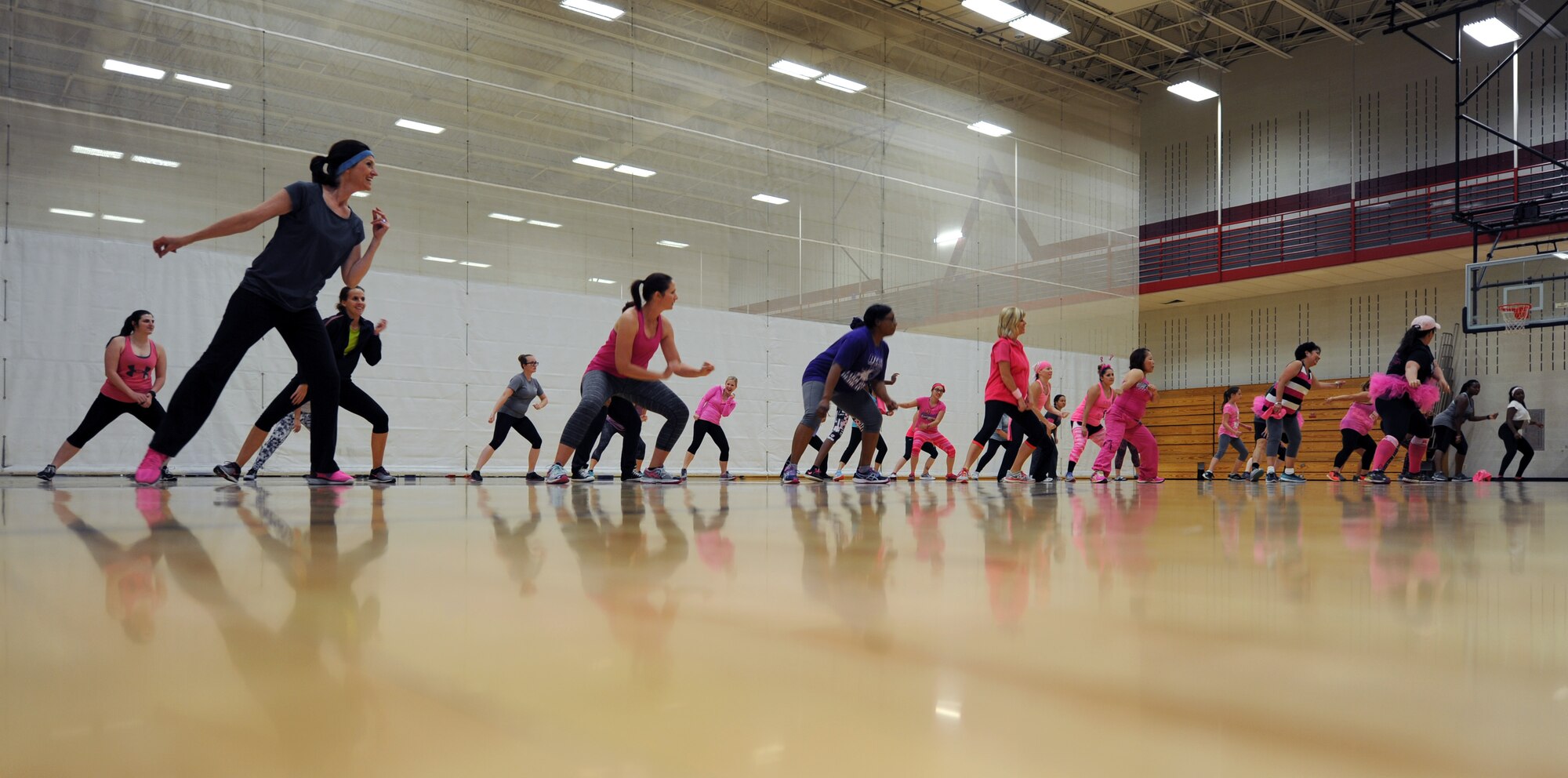 Members of team Ellsworth participate in a Zumbathon as part of Breast Cancer Awareness Week at Ellsworth Air Force Base, S.D., Oct. 6, 2016. Participants were encouraged to wear pink as a way to show support for breast cancer patients and survivors. (U.S. Air Force photo by Airman 1st Class Denise M. Jenson)