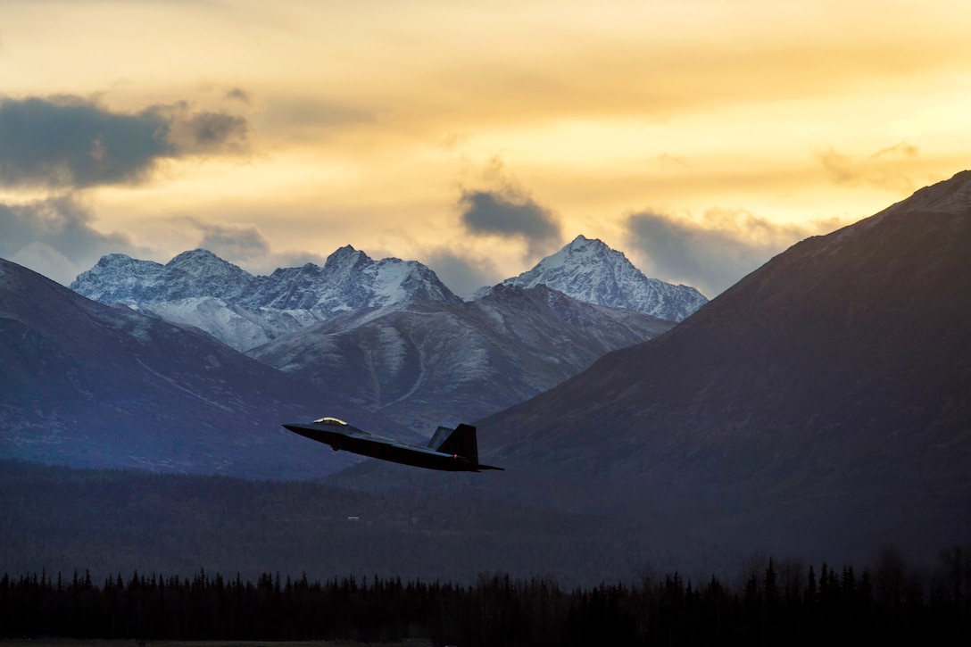 An Air Force F-22 Raptor fighter aircraft takes off during exercise Red Flag Alaska 17-1 at Joint Base Elmendorf-Richardson, Alaska, Oct. 17, 2016. Air Force photo by Master Sgt. Joseph Swafford