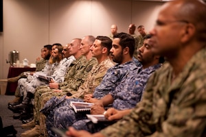 161024-N-GC639-028 NAVAL SUPPORT ACTIVITY BAHRAIN (Oct. 24, 2016) A multinational group of enlisted service members listen to Vice Adm. Kevin Donegan, commander of U.S. Naval Forces Central Command, speak during the first Combined Joint Maritime Enlisted Leadership Development Program (ELDP) Back Bone University in Bahrain. ELDP is designed to instill and improve upon six enlisted desired leader attributes; operate with commander's intent, make sound and ethical decisions, enable the force, anticipate, communicate and mitigate risk, operate jointly and think critically using the NCO/PO Handbook published by the National Defense university. (U.S. Navy photo by Petty Officer 2nd Class Ryan D. McLearnon
