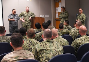 161025-N-XP344-042 NAVAL SUPPORT ACTIVITY BAHRAIN (Oct. 25, 2016) Jordanian Capt. Abdelkader Almarahleh, commodore of Combined Task Force (CTF) 152, speaks to a multinational group of senior enlisted leadership during the Combined Joint Maritime Enlisted Leadership Development Program (ELDP) Back Bone University.  ELDP is designed to instill and improve upon six enlisted desired leader attributes; operate with commander's intent, make sound and ethical decisions, enable the force, anticipate, communicate and mitigate risk, operate jointly and think critically using the NCO/PO Handbook published by the National Defense university. (U.S. Navy photo by Petty Officer 2nd Class Victoria Kinney)