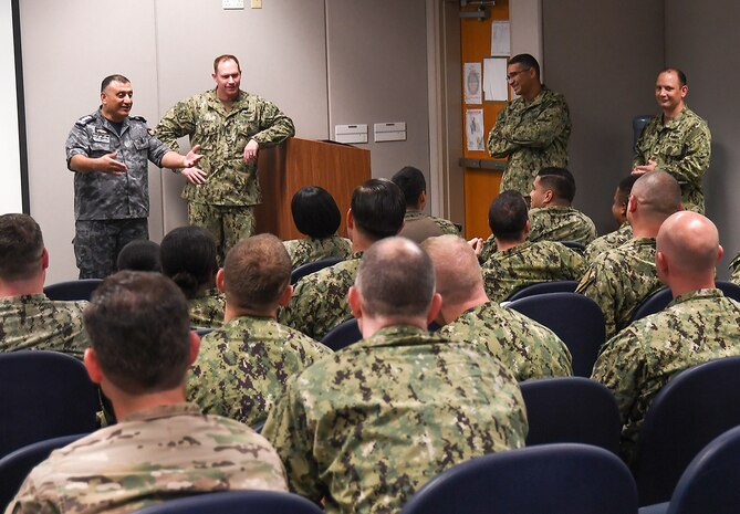 161025-N-XP344-042 NAVAL SUPPORT ACTIVITY BAHRAIN (Oct. 25, 2016) Jordanian Capt. Abdelkader Almarahleh, commodore of Combined Task Force (CTF) 152, speaks to a multinational group of senior enlisted leadership during the Combined Joint Maritime Enlisted Leadership Development Program (ELDP) Back Bone University.  ELDP is designed to instill and improve upon six enlisted desired leader attributes; operate with commander's intent, make sound and ethical decisions, enable the force, anticipate, communicate and mitigate risk, operate jointly and think critically using the NCO/PO Handbook published by the National Defense university. (U.S. Navy photo by Petty Officer 2nd Class Victoria Kinney)
