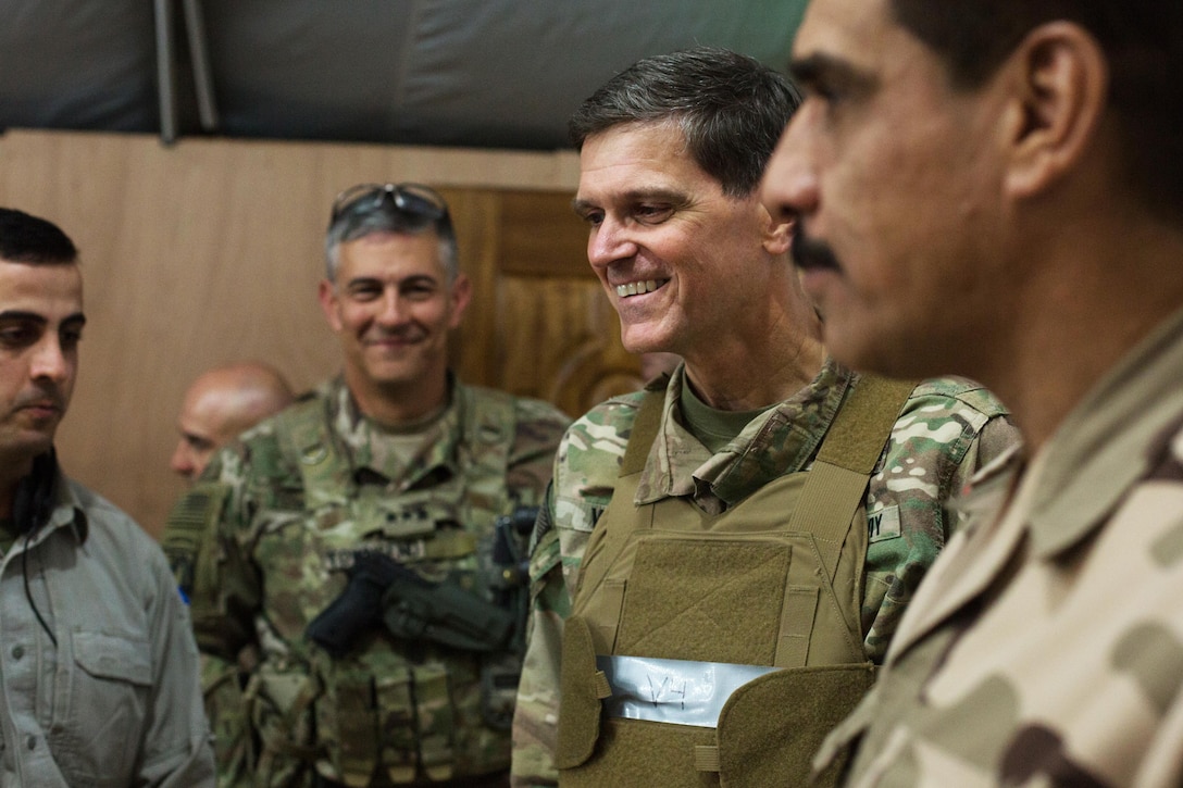 U.S. Army Gen. Joseph Votel, Commander of the United States Central Command, meets with Iraqi security forces at Qayyarah West Airfield, Iraq, Oct. 25, 2016. More than 60 coalition partners have committed themselves to the goals of eliminating the threat posed by the Islamic State of Iraq and the Levant and have contributed in various capacities to the effort to combat ISIL in Iraq, the region and beyond.  (U.S. Army photo by Spc. Christopher Brecht)