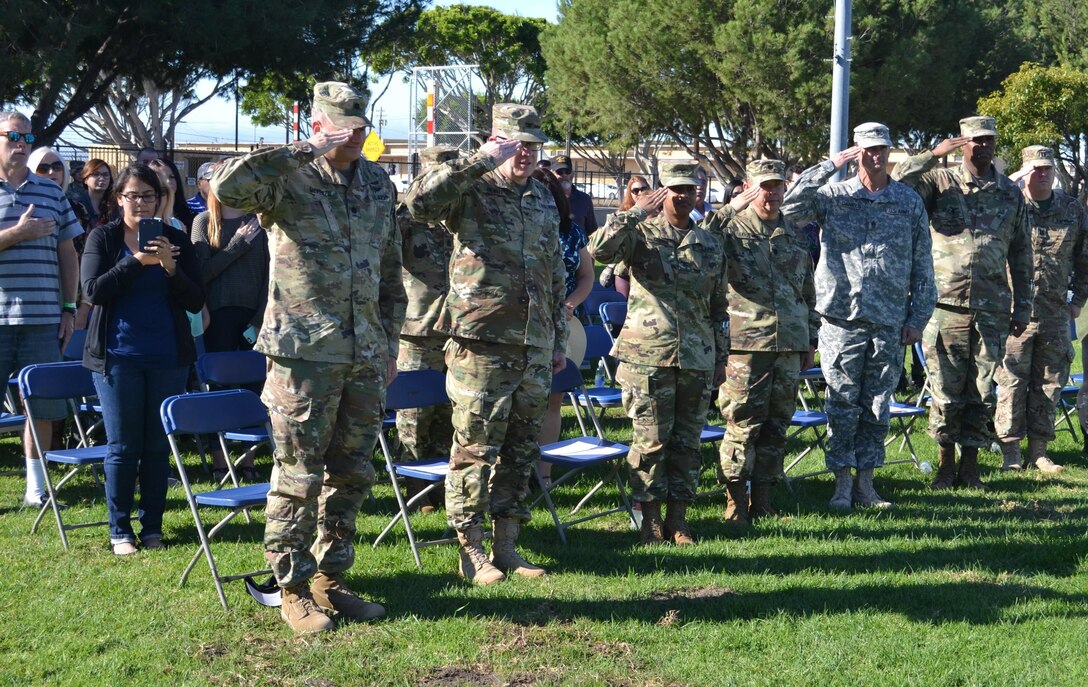 Leadership from the 311th Expeditionary Sustainment Command joined Capt. Raymond Jorden, 481st Transportation Company (Heavy Boat) commander, during a mobilization ceremony at Pacific Park on the Naval Base Ventura County at Port Hueneme October 22, where they honored Chief Warrant Officer 2 Karl Irvin, Detachment 5 commander and chief engineer, and Warrant Officer 1 Dallas Hill, Detachment 2 commander and vessel master, before they mobilize to Kuwait.
