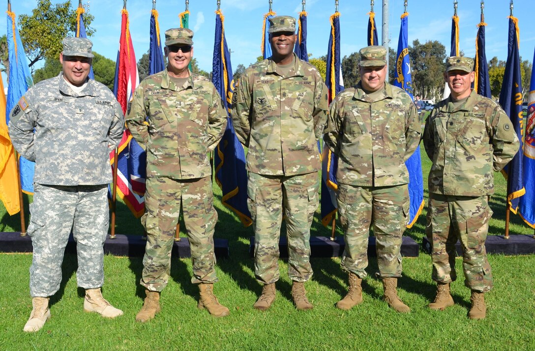 Chief Warrant Officer 2 Karl Irvin, Detachment 5 commander and chief engineer, Chief Warrant Officer 4 Michael Crawford, chief engineer, Command Sgt. Maj. Donald Seay, 483rd Terminal Battalion command sergeant major, Warrant Officer 1 Dallas Hill, Detachment 2 commander and vessel master, and Lt. Col. Thomas J. Harzewski, 483rd Terminal Battalion commander, attended the 481st Transportation Company (Heavy Boat) mobilization ceremony at Pacific Park on the Naval Base Ventura County at Port Hueneme October 22.