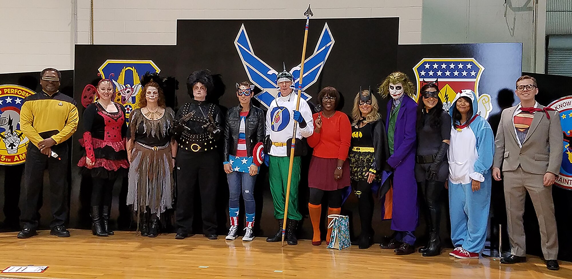 Members of the 445th Airlift Wing held a costume contest during the 16th Annual Chili Cook-off held Oct. 27, 2016. The event raised $400 for the Combined Federal Campaign. Dressed as The Joker, Batman’s nemesis, Senior Airman Matthew Yeager, 445th Force Support Squadron client systems technician, won first place in the costume contest that was part of the held Oct. 27, 2016. (U.S. Air Force photo/Lt. Col. Cynthia Harris)