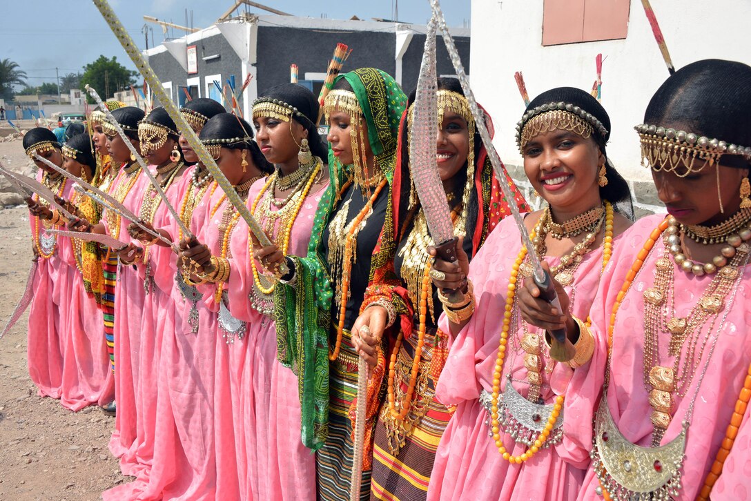 Tadjoura, Djibouti – Djiboutian females take part in an ceremonial dance welcoming local leaders, government officials, and VIPs to an eradication of female genital mutilation conference here on October 26, 2016.  The conference hosted local leaders and government officials serving as a think tank for plans and strategies revolving around the abandonment of female genital mutilation.
(US Army Photo By Staff Sgt. Gregory Williams C/Co 411th Civil Affairs Battalion)