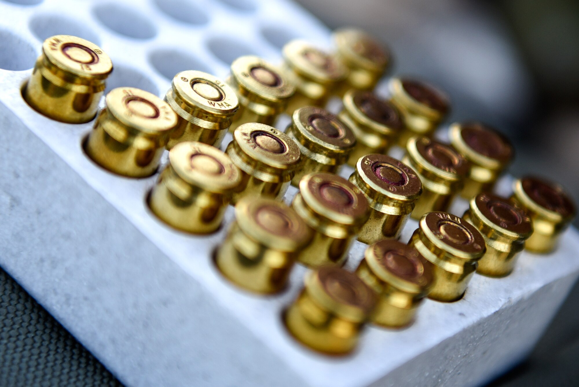 Rounds of 9 mm ammunition are used for M9 pistol training during Task Force Exercise Southern Strike at Camp Shelby, Miss., Oct. 23, 2016. Air Commandos received in-depth weapons training from combat arms maintenance and training instructors with the 1st Special Operations Security Forces Squadron. (U.S. Air Force photo by Senior Airman Jeff Parkinson)