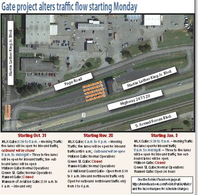 With the first part of a three-phase construction project kicking off at the Russell Gate Oct. 31, Robins leadership is encouraging base motorists to plan ahead and adjust their schedules accordingly.  The Watson, Green Street, and Russell Parkway gates will be closed for about 21 days each. (U.S. Air Force graphic
