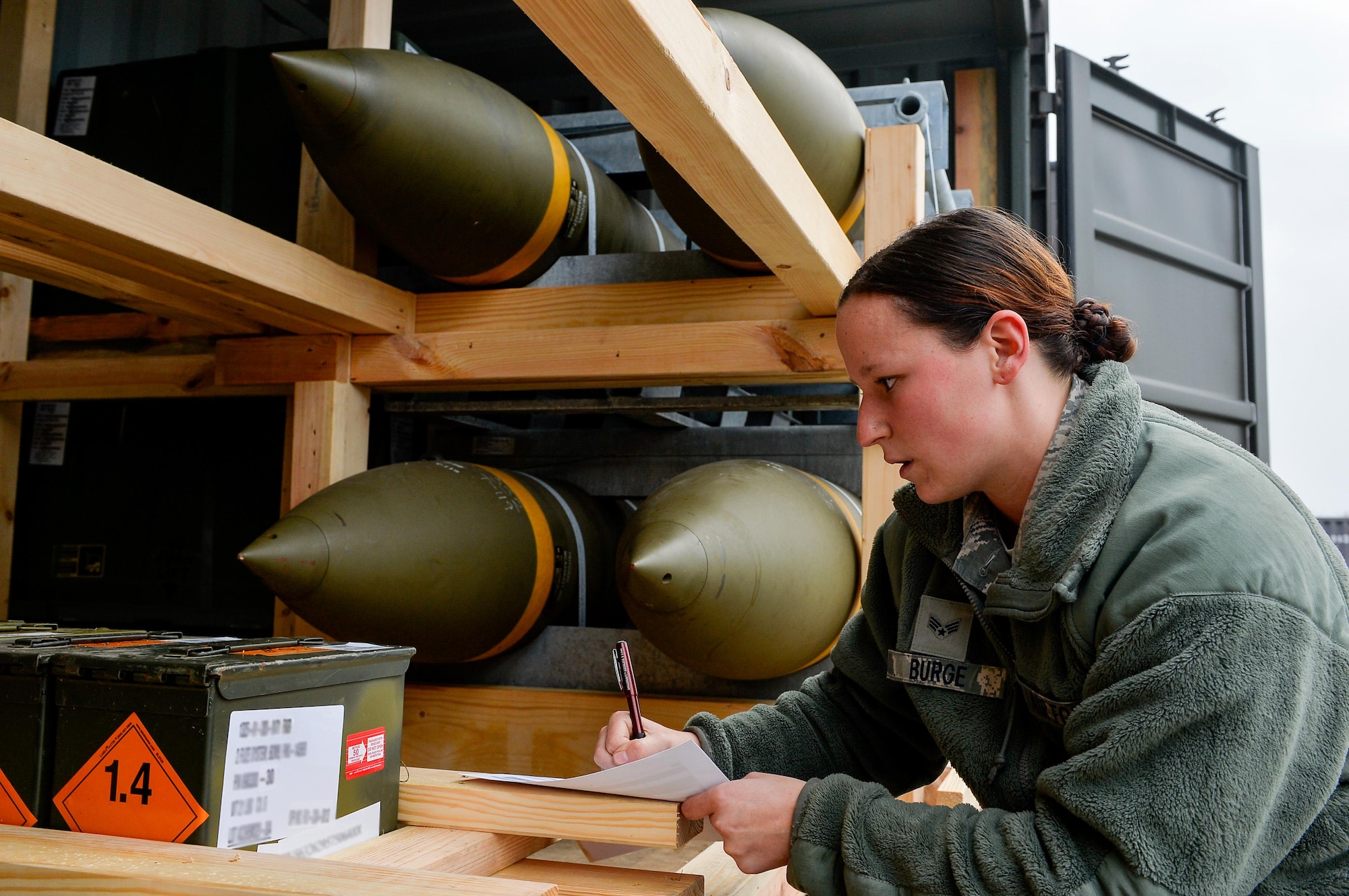Senior Airman Jordan Burge, 86th Munitions Squadron munitions operations technician, takes accountability of ammunition at Ramstein Air Base, Germany, Oct. 26, 2016. Airmen of the 86th MUNS inspect, sort and ship munitions according to the intended destinations. (U.S. Air Force photo by Airman 1st Class Joshua Magbanua)