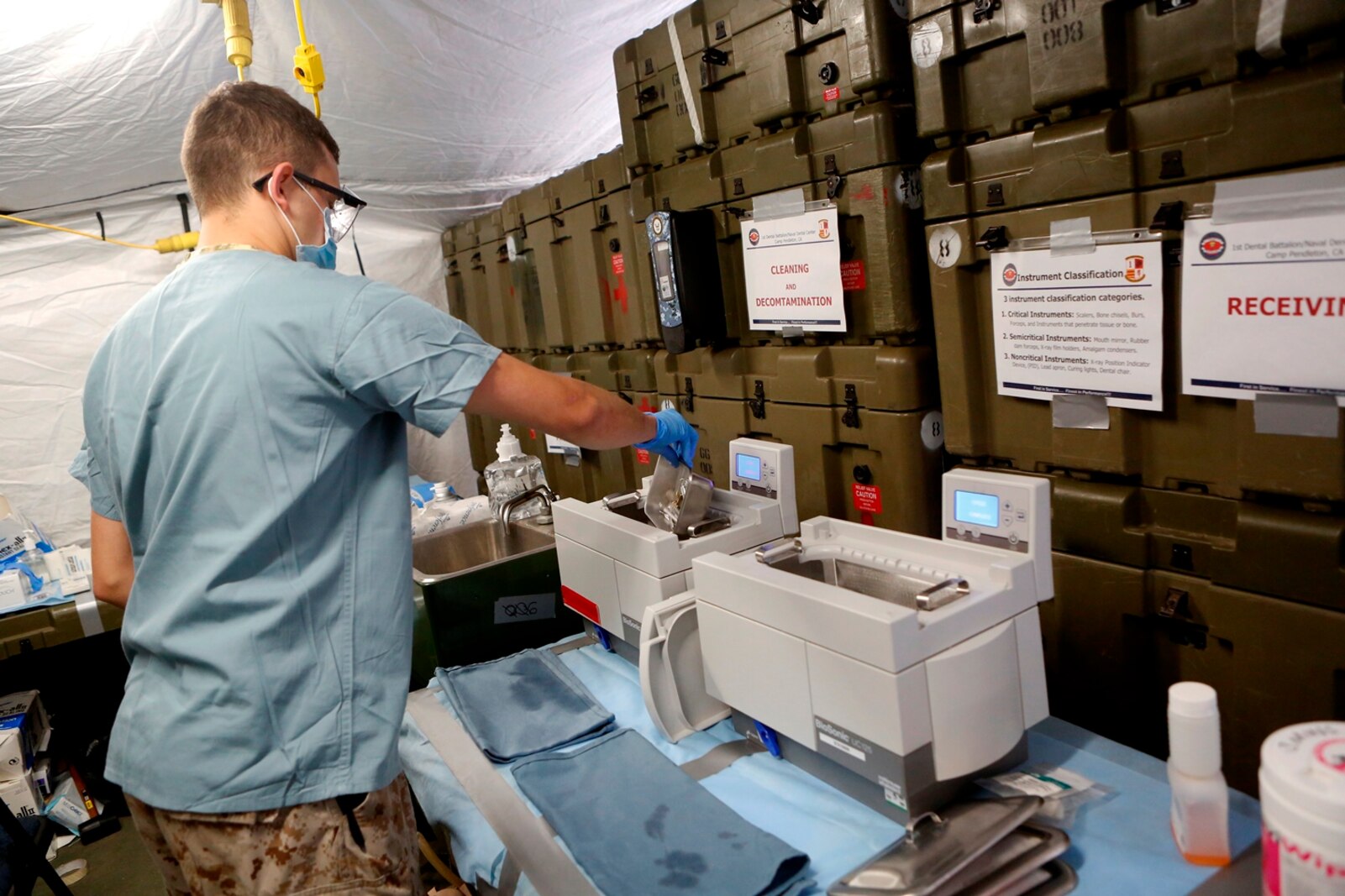 U.S. Navy Petty Officer 2nd Class Fabian Garcia sterilizes dental equipment allowing use of this equipment on future patients during the Authorized Dental Allowance List Exercise on Camp Pendleton, Calif. from October 24-28, 2016. ADALEX is being conducted to ensure that Sailors are able to maintain the ability to provide dental care in a deployed environment. Garcia is a dental technician with 1st Dental Battalion, 1st Marine Logistics Group. (U.S. Marine Corps photo by Lance Cpl. Jocelyn Ontiveros)