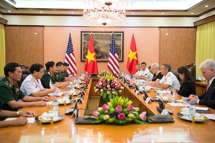 Vietnam People’s Army, Chief of the General Staff and Deputy Minister of National Defense, Lt. Gen. Phan Van Giang, center left, and Adm. Harry Harris Jr., commander of U.S. Pacific Command, meet at the Ministry of National Defense, Oct. 26, 2016. During their meeting, Harris reaffirmed the U.S. commitment to strengthening bilateral relations and enhancing Vietnam’s capability and capacity, particularly in the areas of maritime security and law enforcement. 
