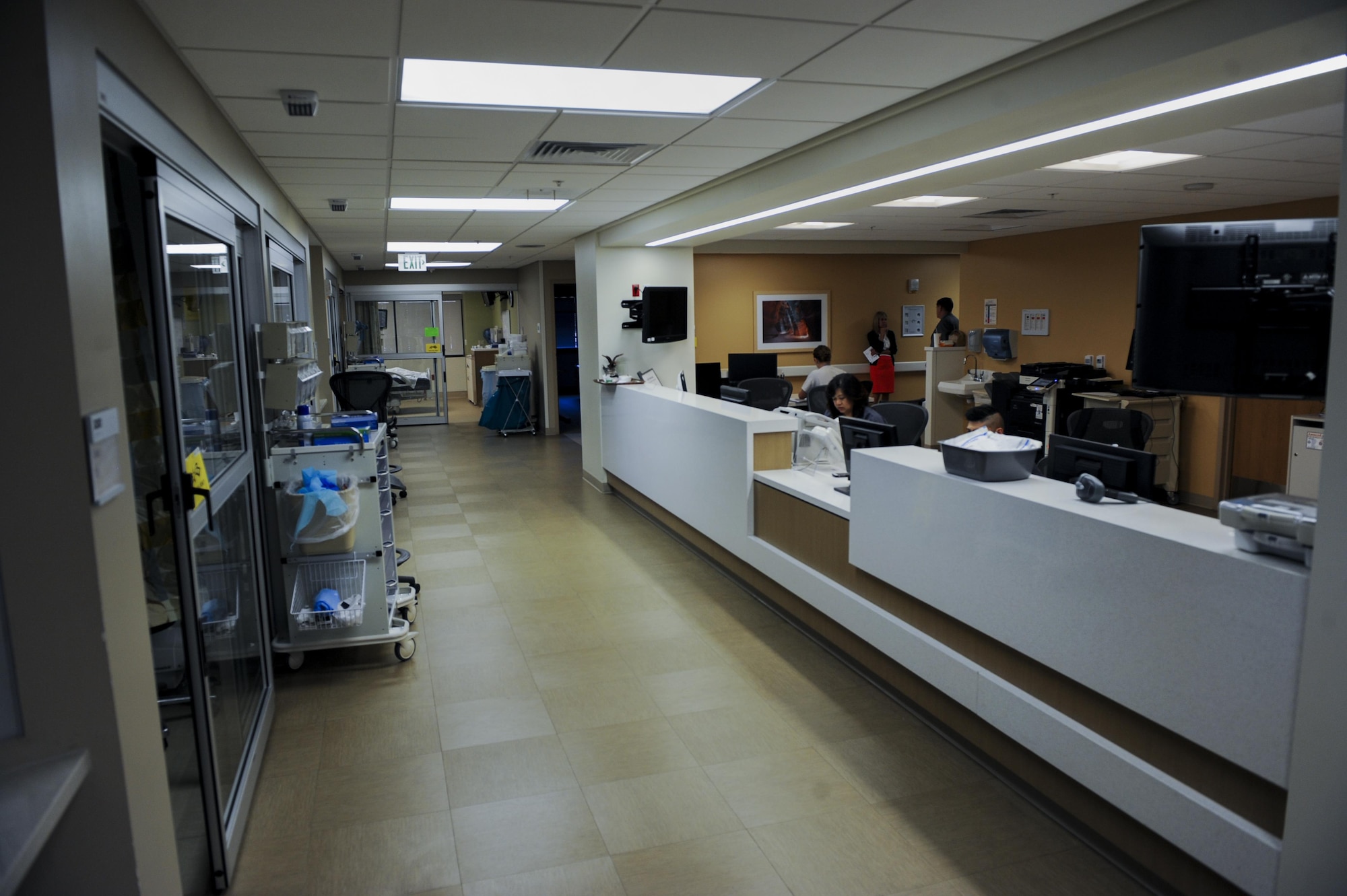 Members of the Critical Care Unit carry out day to day work at the Mike O’Callaghan Federal Medical Center on Nellis Air Force Base, Nev., Sept. 8, 2016. The new Tele-ICU that will be installed next year acts as a support tool that offers all those working in the Critical Care Unit new options to improve patient care. (U.S. Air Force photo by Airman 1st Class Kevin Tanenbaum/Released)