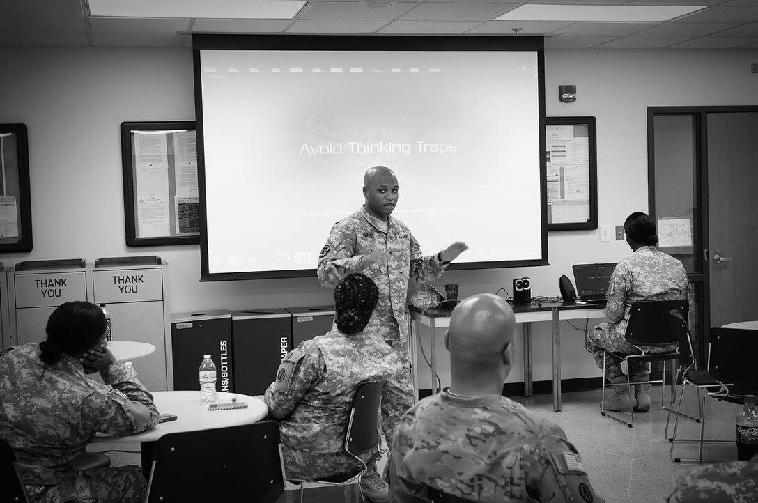 Master Sgt. LaRoy Warren, G1, 85th Support Command, conducts a Master Resiliency Trainer class on the U.S. Army's Comprehensive Soldier & Family Fitness Resilience training to the Soldiers during the command's Battle Assembly weekend training. The training is a key component of the Army's Ready and Resilient campaign plan and designed to further develop the Army's culture of total fitness and increased psychological health.
(Photo by Sgt. David Lietz)