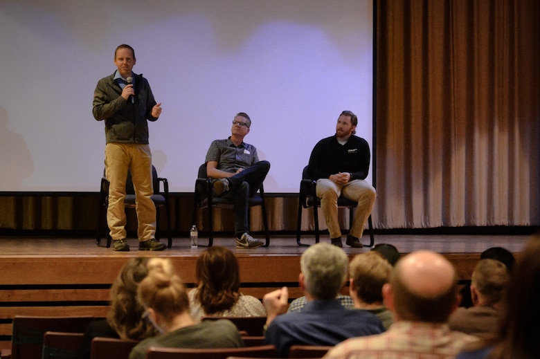 Darrin Fletcher speaks during a Q&A session following a presentation of the documentary The Abolitionists Oct. 27 at the base theater. Other Q&A panel members included Mike Chenoweth, left, and Trason Lamb. (U.S. Air Force photo by R. Nial Bradshaw)