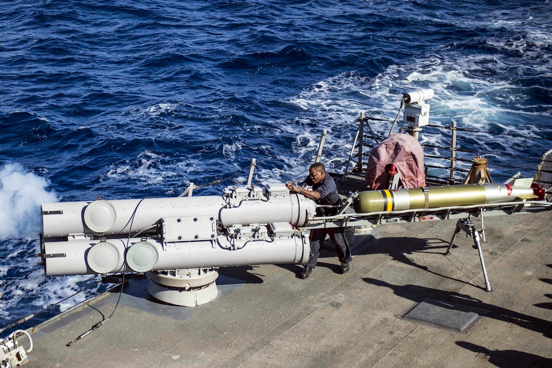 Navy Seaman Jarodd Johnson tests a torpedo launcher aboard the guided-missile destroyer USS Stout in the Mediterranean Sea, Oct. 20, 2016. Johnson, a gunner’s mate aboard Stout, helps maintain all weapons systems. The guided-missile destroyer is conducting naval operations in the U.S. 6th Fleet area of operations to support U.S. national security interests in Europe. Navy photo by Petty Officer 3rd Class Bill Dodge