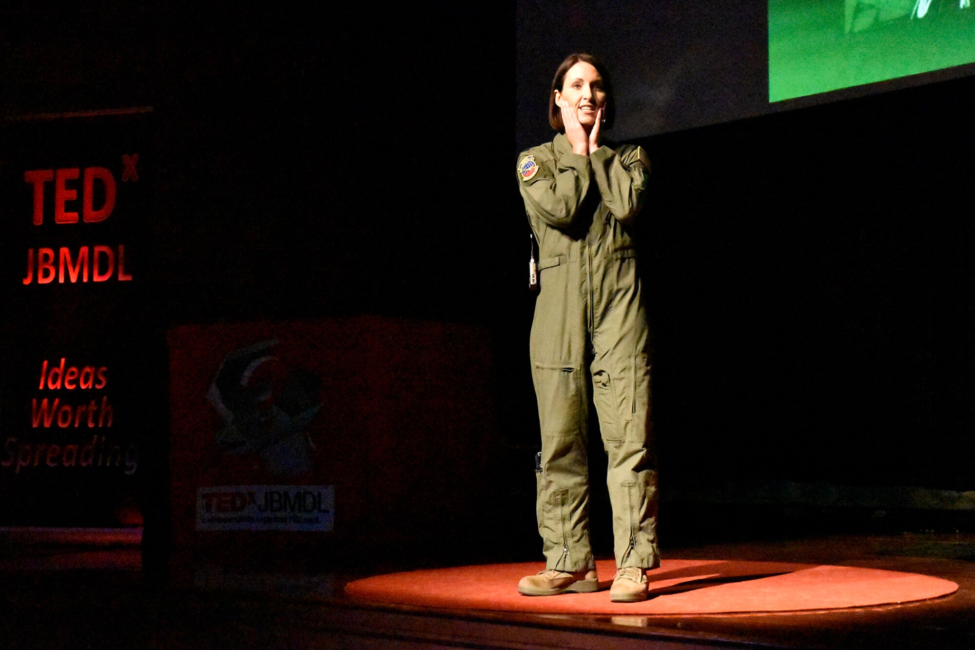 Lt. Col. Jannell MacAulay, commander, 305th Operation Support Squadron dealt with "Mindfulness" or operating in the present moment, during Tuesday's TEDx event held at the Expeditionary Center, here. The independently organized event highlighted speakers, entertainers and video presentations that gave attendees ideas on how they can make self, work center, family, community and global changes. (Photo/Sherry Jacobs)