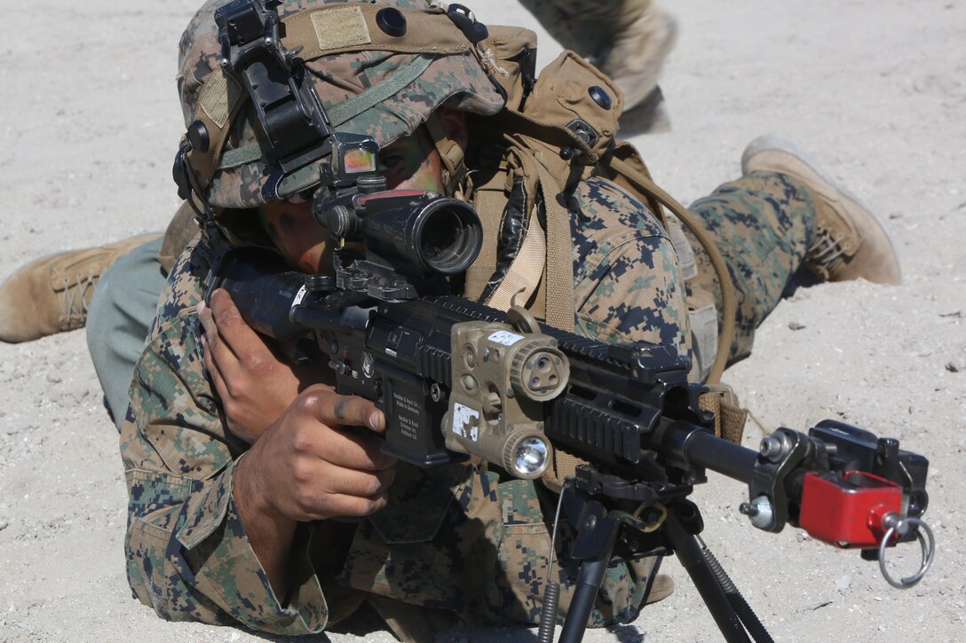 A U.S. Marine with 3rd Battalion, 8th Marine Regiment, participates in fire team drills during a Marine Corps Combat Readiness Evaluation at Camp Lejeune, N.C., Oct. 24, 2016. Marines with the unit tested their combat readiness and warfighting capabilities in preparation for an upcoming deployment. (U.S. Marine Corps photo by Sgt. Clemente C. Garcia)