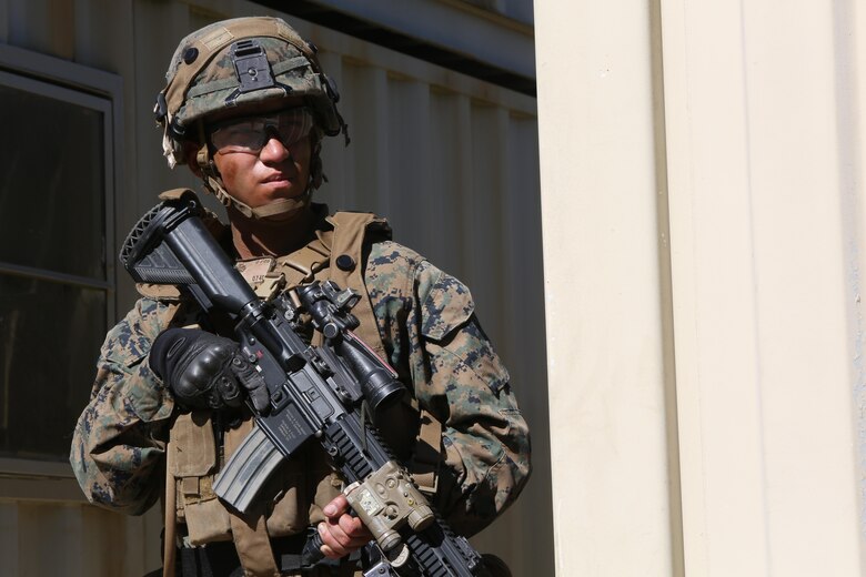 A Marine assigned to Kilo Company, 3d Battalion, 8th Marine Regiment, stands guard during a Marine Corps Combat Readiness Evaluation at Camp Lejeune, N.C., Oct. 25, 2016. The MCCRE is an essential training exercise, which is designed to test deploying units’ warfighting and crisis-response capabilities in real-world situations. (U.S. Marine Corps photo by Sgt. Clemente C. Garcia)