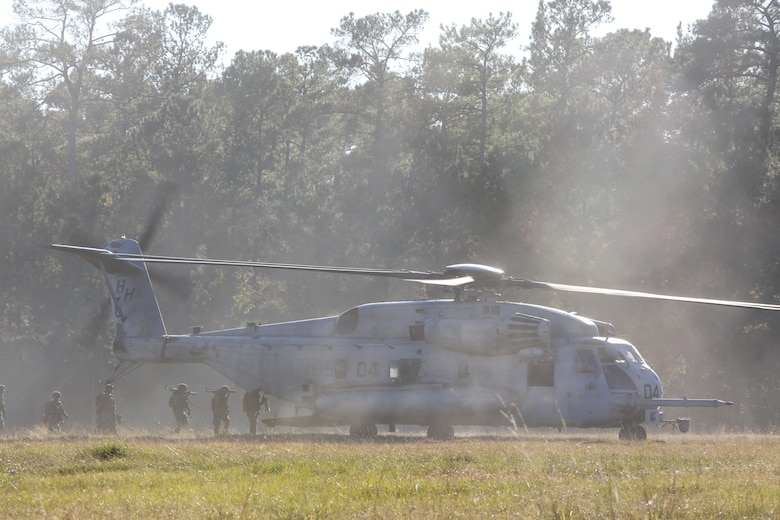 Marines from 3d Battalion, 8th Marine Regiment board a CH-53E Super Stallion during a Marine Corps Combat Readiness Evaluation (MCCRE) at Camp Lejeune, N.C., Oct. 25, 2016. The MCCRE tests a deploying unit’s ability to plan and work with adjacent units across a Marine Air-Ground Task Force. (U.S. Marine Corps photo by Sgt. Clemente C. Garcia)